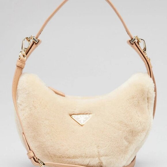 Prada Ecru/Noisette Shearling and Leather Arque Shoulder Bag - Picture 2 of 12